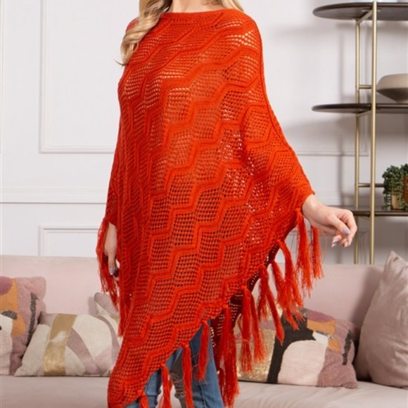 KNITTED NET WAVE PATTERN FRINGE TASSEL PONCHO - BRICK - Picture 1 of 4
